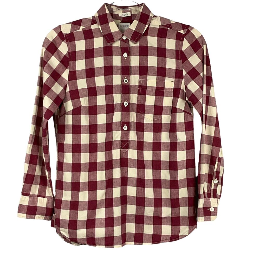 J CREW Women Popover Perfect Fit Gingham Homespun Shirt Burgundy Check Plaid XS